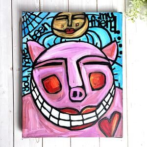 Vibrant Stylized Painting Smiling Pink Pig Spider Charlotte Wilbur VTG Signed